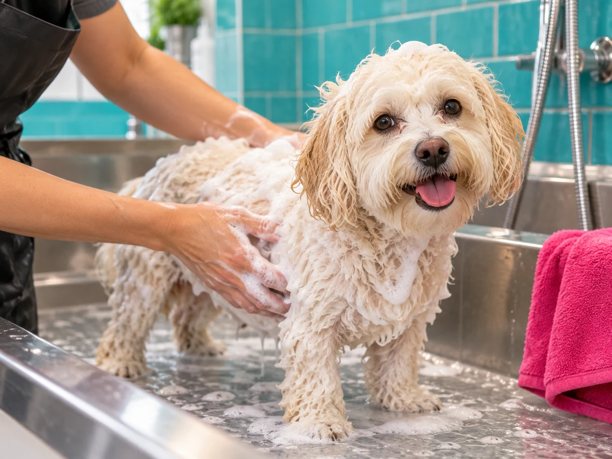 Cachorrinho de pelo claro recebendo um banho com espuma e mãos cuidadosas