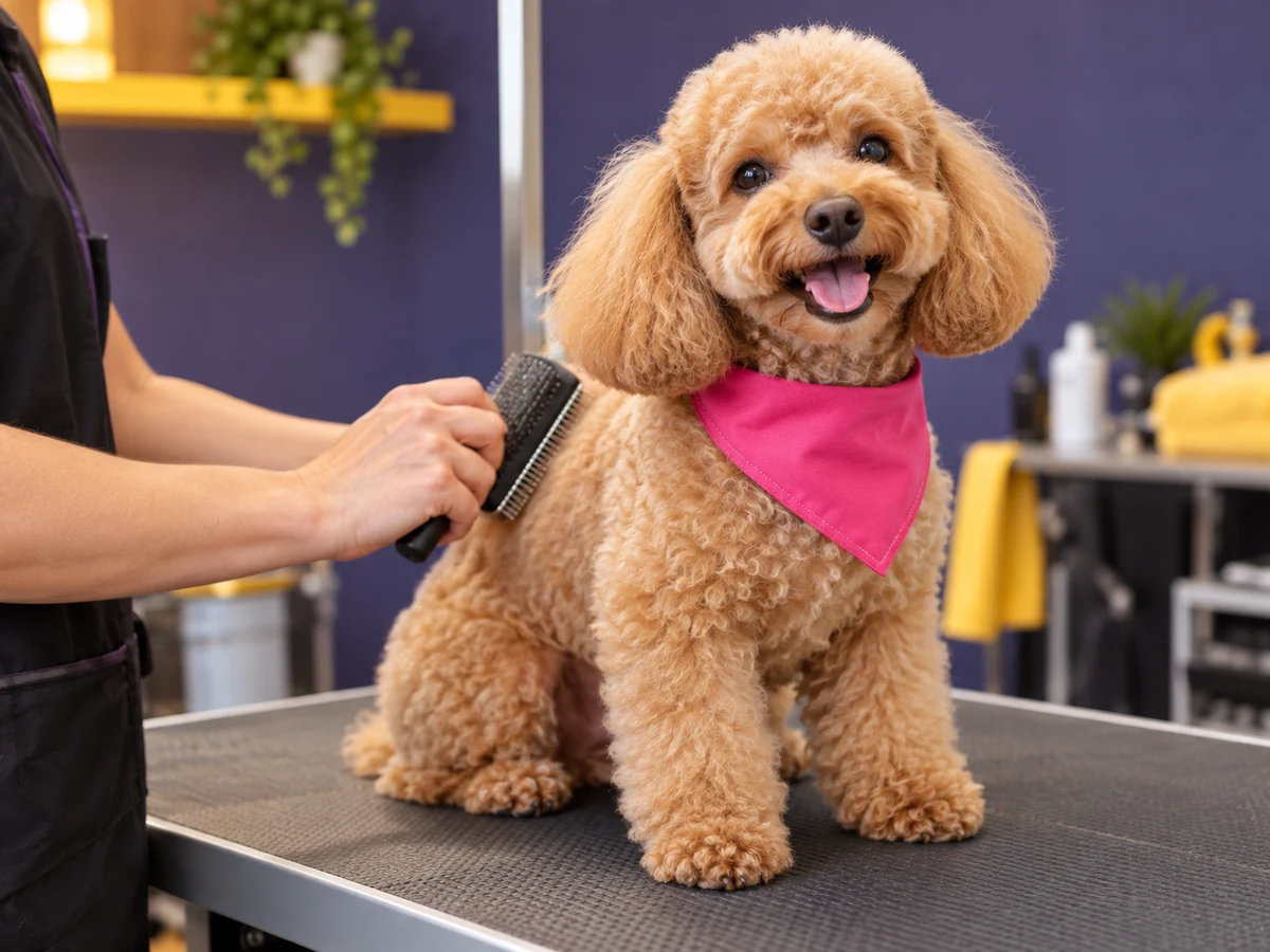 Poodle de pelo encaracolado e bandana rosa sendo escovado com cuidado